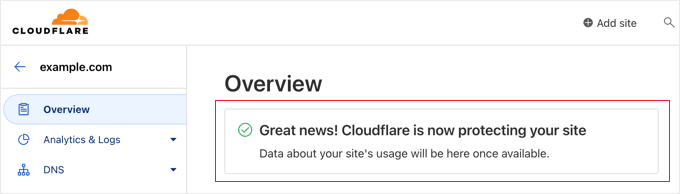 Cloudflare завършена настройка изглед